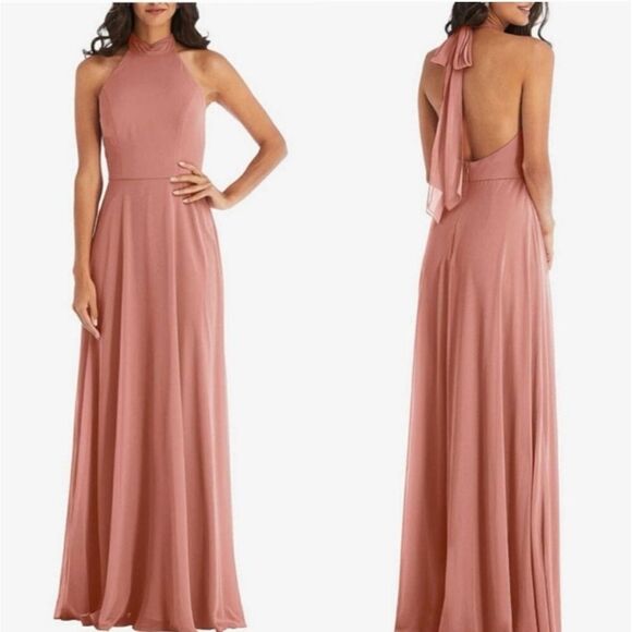 NWT After Six High Neck Halter Maxi Dress Desert Rose Pink Tie Neck Size 18 - Picture 1 of 12